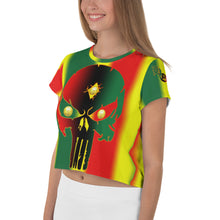 Load image into Gallery viewer, Rasta Coloring style Bornready Warrready Backside Style 1 All-Over Print Crop Tee