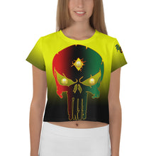 Load image into Gallery viewer, Yellow to Black Bornready Warrready Backside Style 1 All-Over Print Crop Tee