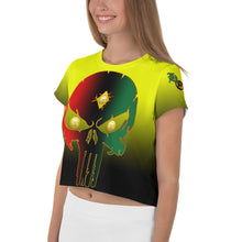 Load image into Gallery viewer, Yellow to Black Bornready Warrready Backside Style 1 All-Over Print Crop Tee