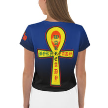 Load image into Gallery viewer, Blue to Black Bornready Warrready Backside Style 2 All-Over Print Crop Tee