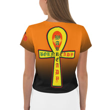 Load image into Gallery viewer, Orange to Black Bornready Warrready Backside Style 2 All-Over Print Crop Tee