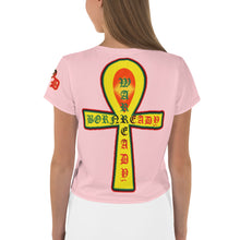 Load image into Gallery viewer, Color Pink 3 Bornready Warrready Backside Style 2 Cannabis woman All-Over Print Crop Tee