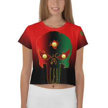 Load image into Gallery viewer, Red to Black Bornready Warrready Backside Style 2 All-Over Print Crop Tee