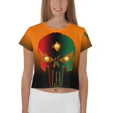Load image into Gallery viewer, Orange to Black Bornready Warrready Backside Style 2 All-Over Print Crop Tee