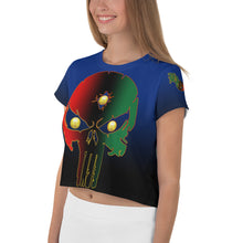 Load image into Gallery viewer, Blue to Black Bornready Warrready Backside Style 2 All-Over Print Crop Tee