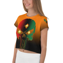 Load image into Gallery viewer, Orange to Black Bornready Warrready Backside Style 2 All-Over Print Crop Tee