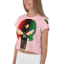 Load image into Gallery viewer, Color Pink 3 Black Bornready Warrready Backside Style 2 All-Over Print Crop Tee