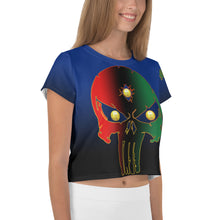 Load image into Gallery viewer, Blue to Black Bornready Warrready Backside Style 2 All-Over Print Crop Tee