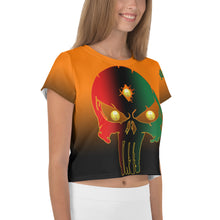 Load image into Gallery viewer, Orange to Black Bornready Warrready Backside Style 2 All-Over Print Crop Tee