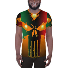 Load image into Gallery viewer, Orange to Black Colors  Huge 3 Eye Skull All-Over Print Men's Athletic T-shirt