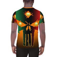 Load image into Gallery viewer, Orange to Black Colors  Huge 3 Eye Skull All-Over Print Men's Athletic T-shirt