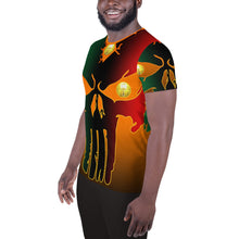 Load image into Gallery viewer, Orange to Black Colors  Huge 3 Eye Skull All-Over Print Men's Athletic T-shirt