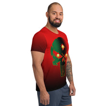 Load image into Gallery viewer, Red to Black Colors  Bornready Warready 3 Eye Skull All-Over Print Men's Athletic T-shirt