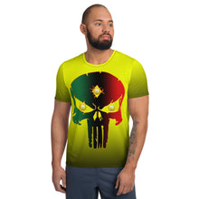 Load image into Gallery viewer, Yellow to Black Colors  Bornready Warready 3 Eye Skull All-Over Print Men's Athletic T-shirt