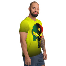 Load image into Gallery viewer, Yellow to Black Colors  Bornready Warready 3 Eye Skull All-Over Print Men's Athletic T-shirt