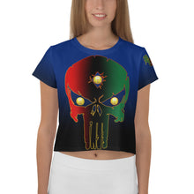 Load image into Gallery viewer, Blue to Black Bornready Warrready Backside Style 2 All-Over Print Crop Tee
