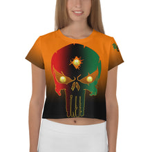 Load image into Gallery viewer, Orange to Black Bornready Warrready Backside Style 2 All-Over Print Crop Tee
