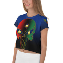 Load image into Gallery viewer, Blue to Black Bornready Warrready Backside Style 2 All-Over Print Crop Tee
