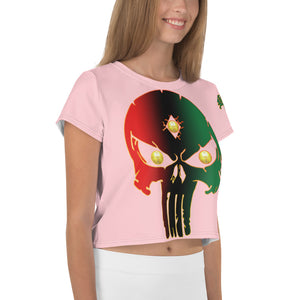 Color Pink 3 Bornready Warrready Backside Style 2 Cannabis woman All-Over Print Crop Tee