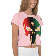Load image into Gallery viewer, Color Pink 3 Black Bornready Warrready Backside Style 2 All-Over Print Crop Tee
