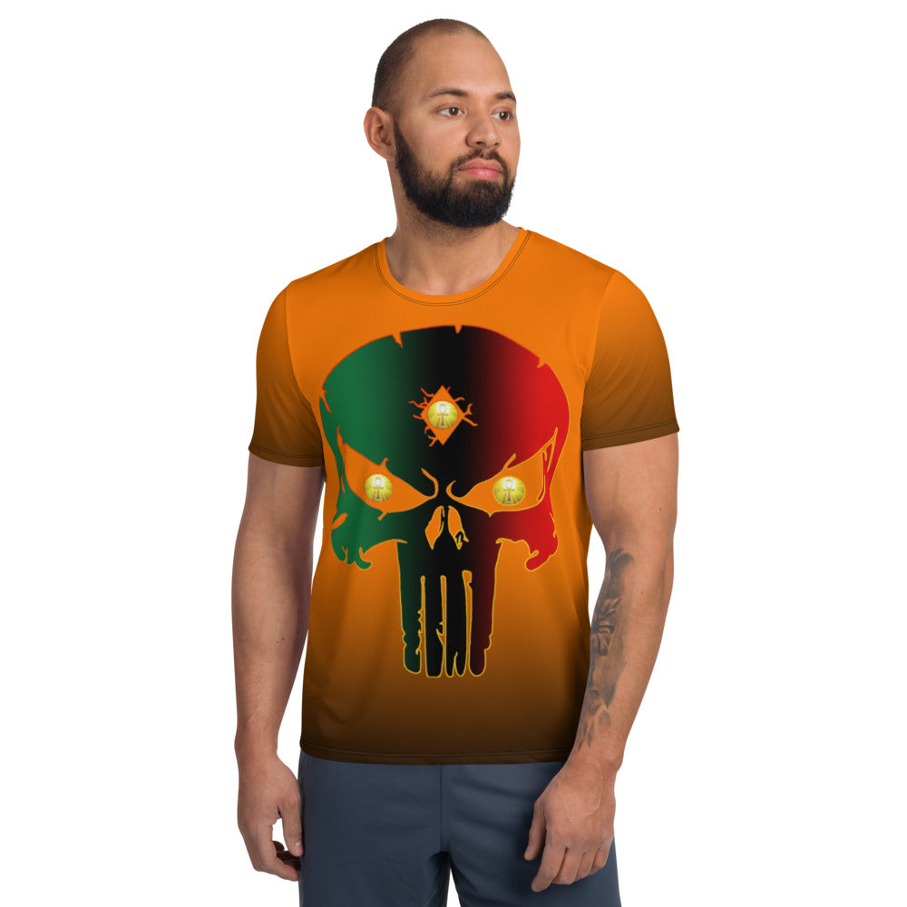 Orange to Black Colors  Bornready Warready 3 Eye Skull All-Over Print Men's Athletic T-shirt