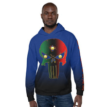 Load image into Gallery viewer, Blue to black Coloring style Bornready warready  backside style 1 Unisex Hoodie

