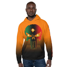 Load image into Gallery viewer, Orange to black Coloring style Bornready warready  backside style 1 Unisex Hoodie
