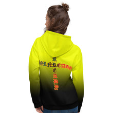 Load image into Gallery viewer, Yellow to black Coloring style Bornready warready  backside style 1 Unisex Hoodie
