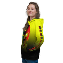 Load image into Gallery viewer, Yellow to black Coloring style Bornready warready  backside style 1 Unisex Hoodie
