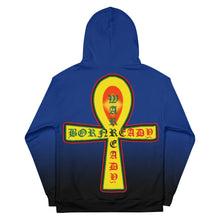 Load image into Gallery viewer, Blue to Black Coloring style Bornready warready  backside style 2 Unisex Hoodie
